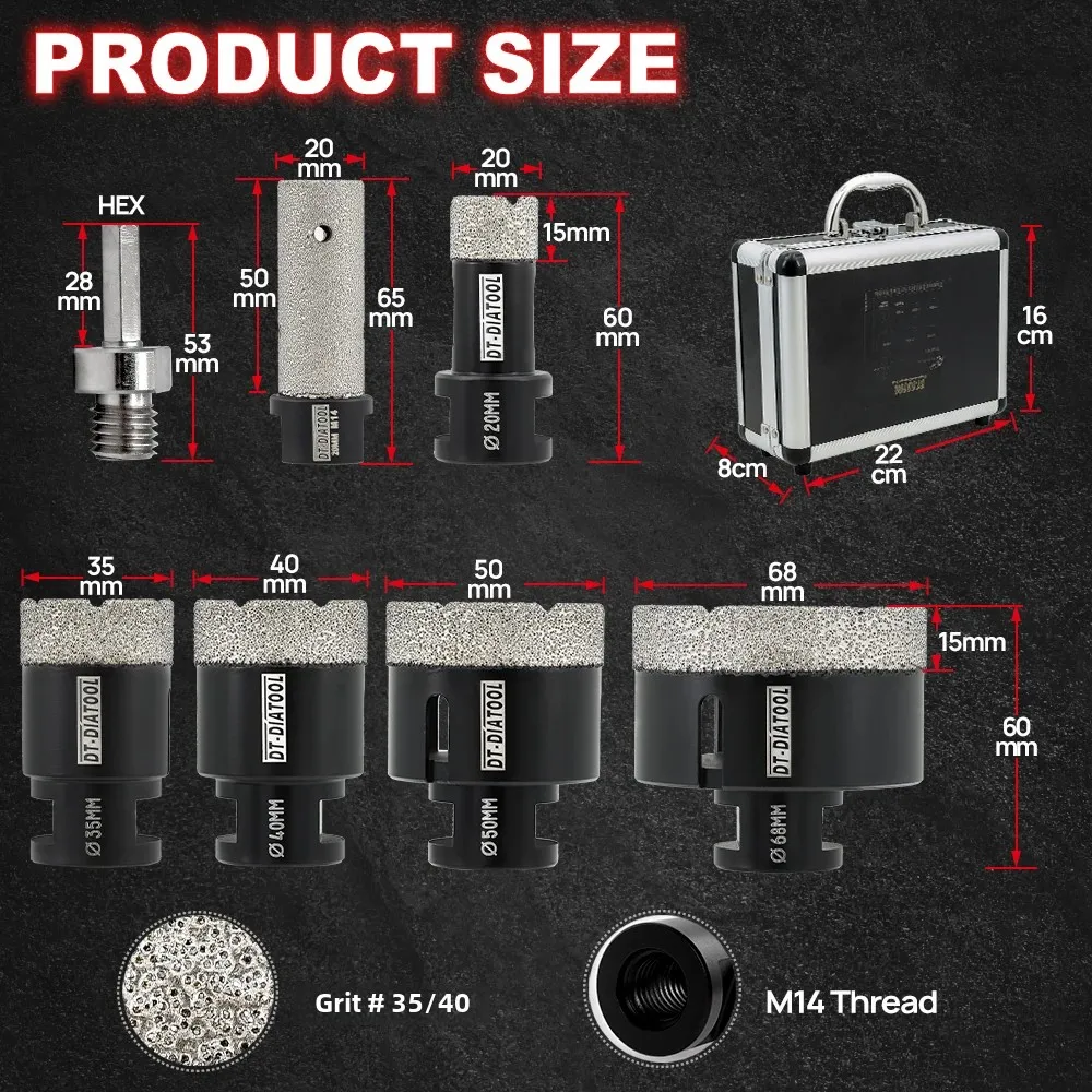 DT-DIATOOL 7 Pz 20/35/40/50/68mm Punte diamantate Set 20mm Punta di fresatura Adattatore Bit per granito Porcellana Sega a tazza Apri