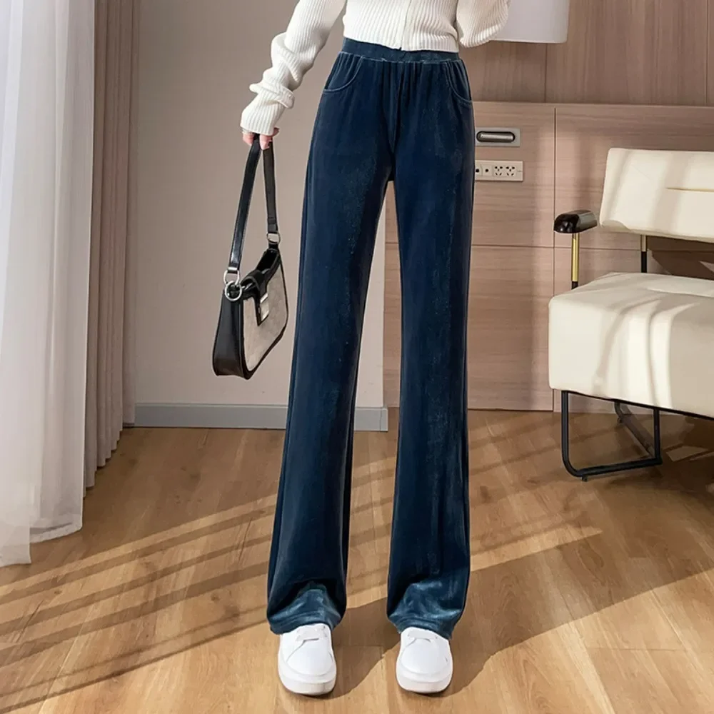 Women's Velvet Wide-Leg Pants, 2025 Narrow Fit High-Waisted Trousers with Draping Effect | Black Slimming Straight