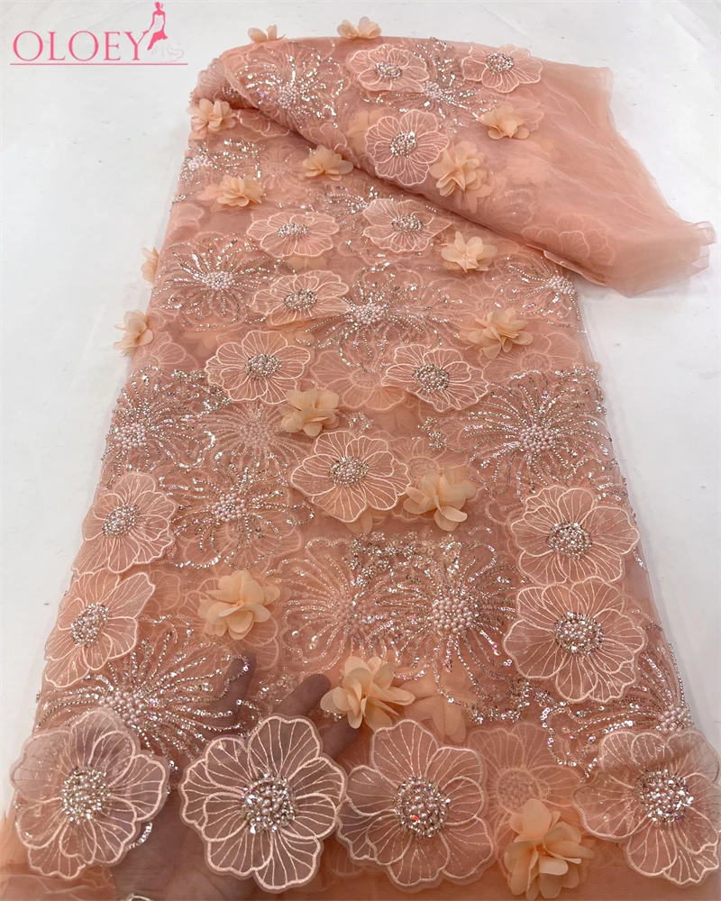 Latest High Quality Elegant Embroidery 3D Flower Lace Fabric African Nigeria Beaded Fabric  Wedding Dress