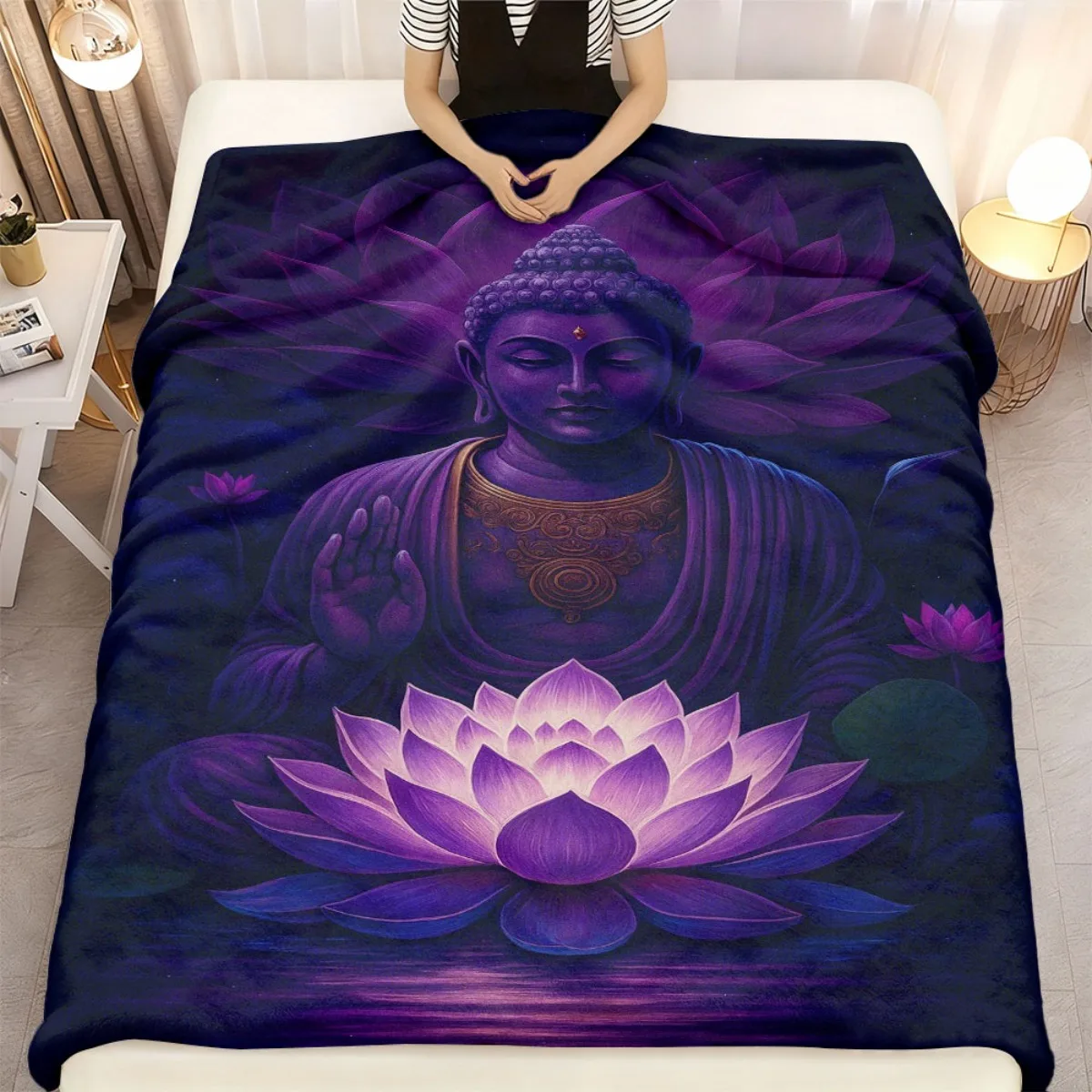 Contemporary Meditation Blanket Soft Polyester with Vibrant Purple & Blue for Lotus Design, Allseason Multiuse Throw for Home De
