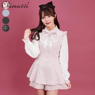 

SC Suit Japanese Style Mine Series Mass-Produced Slimming Bow Lace Shirt Culottes Autumn New Girl Lolita Ladies Two-Piece Set