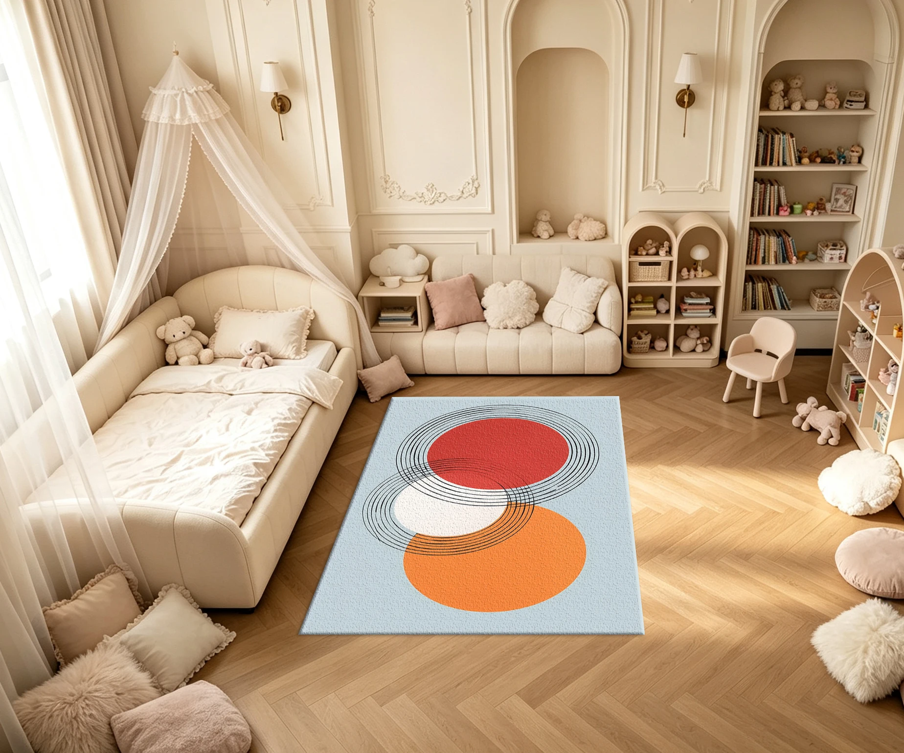 Mid-Century Abstract Circle Geometric Carpet Flooring Red Orange White Overlap Circles Art Printed Square Area Rug for Modern Home Ornament