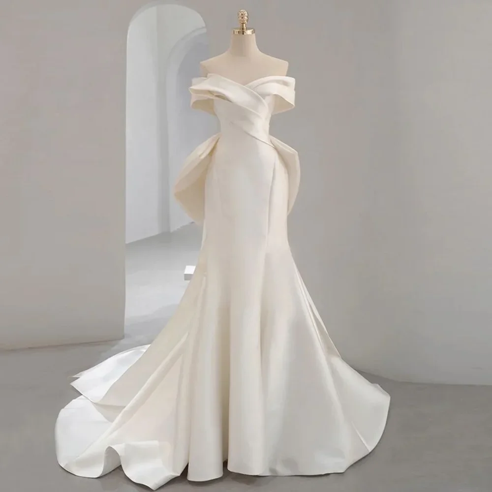 

Customized Graceful Satin Mermaid Off the Shoulder 3D Bow Evening Dress Classic Short Sleeves V-Neck Floor Length prom dresses
