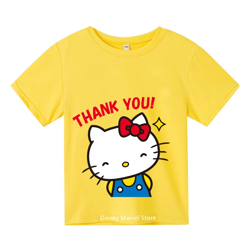 

2024Hello Kitty Cartoon T-shirt Boys Girls Kids Clothing Student Top Short sleeve Sports Fashion Short sleeve ages 3-14