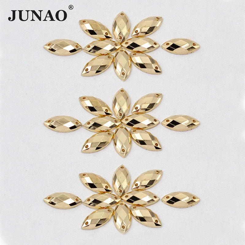 JUNAO 7*15mm 500pcs Gold Sewing Acylic Rhinestones Flat Back Horse Eye Stones Sew On Golden Flatback Beads for Clothes Crafts