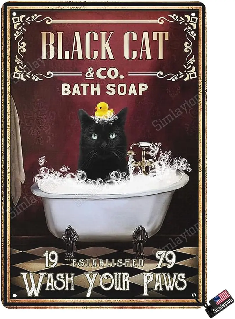 Wall Decor - Tin Sign, Funny Black Cat Pattern - Bathroom Use, Vintage Style - Toilet Use, Wash Your Paws, Hang or Stand On Desk