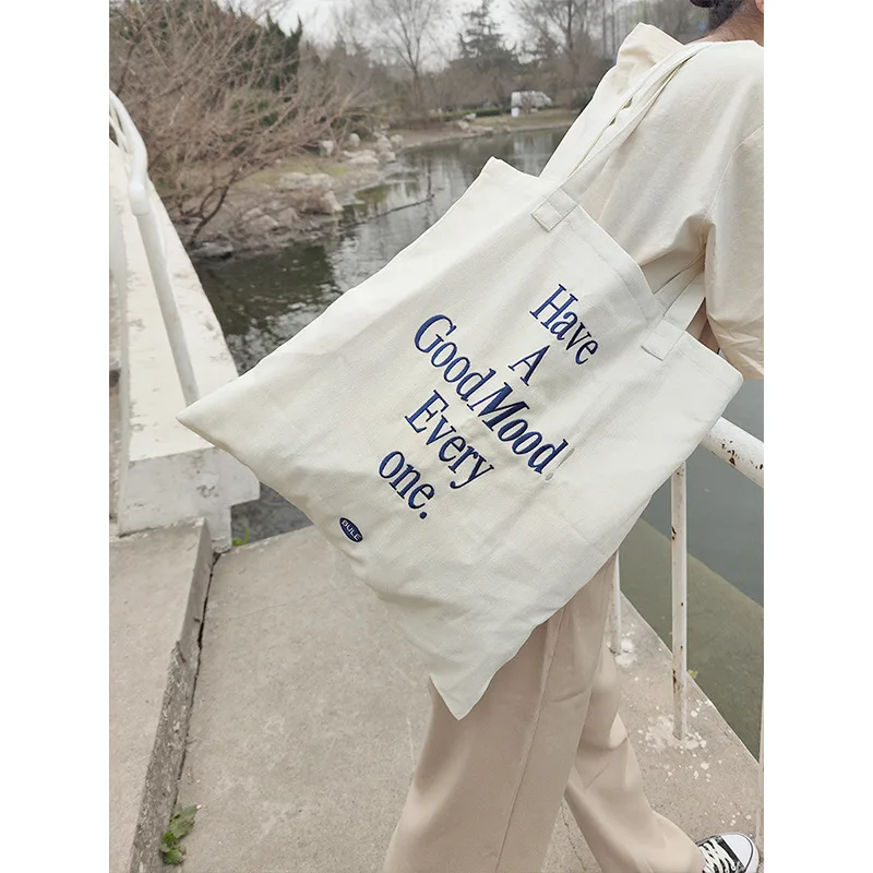 Embroidery Blue Letter Women\'s Canvas Shoulder Bag Casual Girls Student Book Tote Handbags Large Capacity Female Shopping Bag