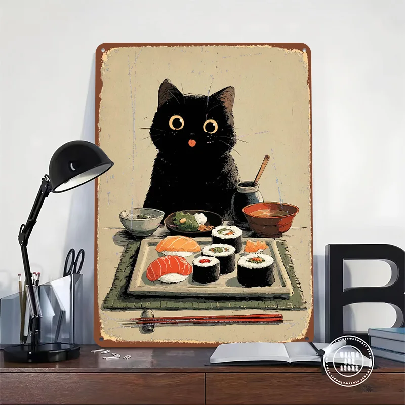 Black Cat and Sushi Feast Tinplate Poster Customized Wall Art Vintage Metal Signs Retro Tin Plaque for Home Deco Desk Decor Room