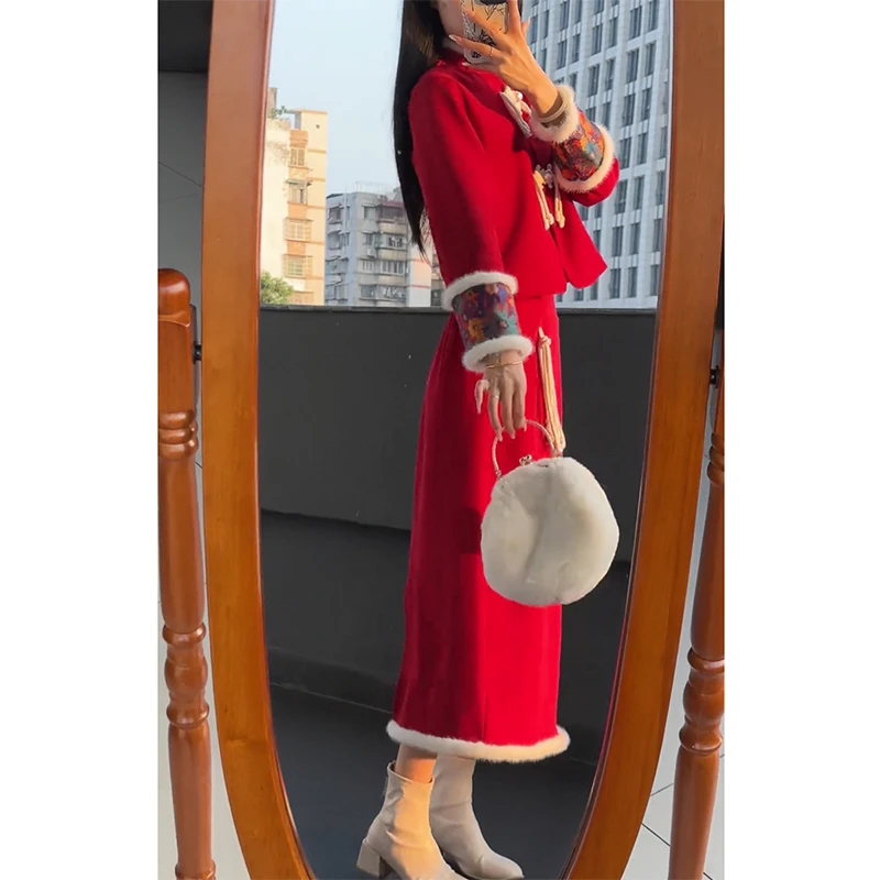 Chinese Style Fashion Patchwork Fleece Suit Ladies Autumn Winter Vintage Buttons Long Sleeve Coat Red Temperament Trend Skirt