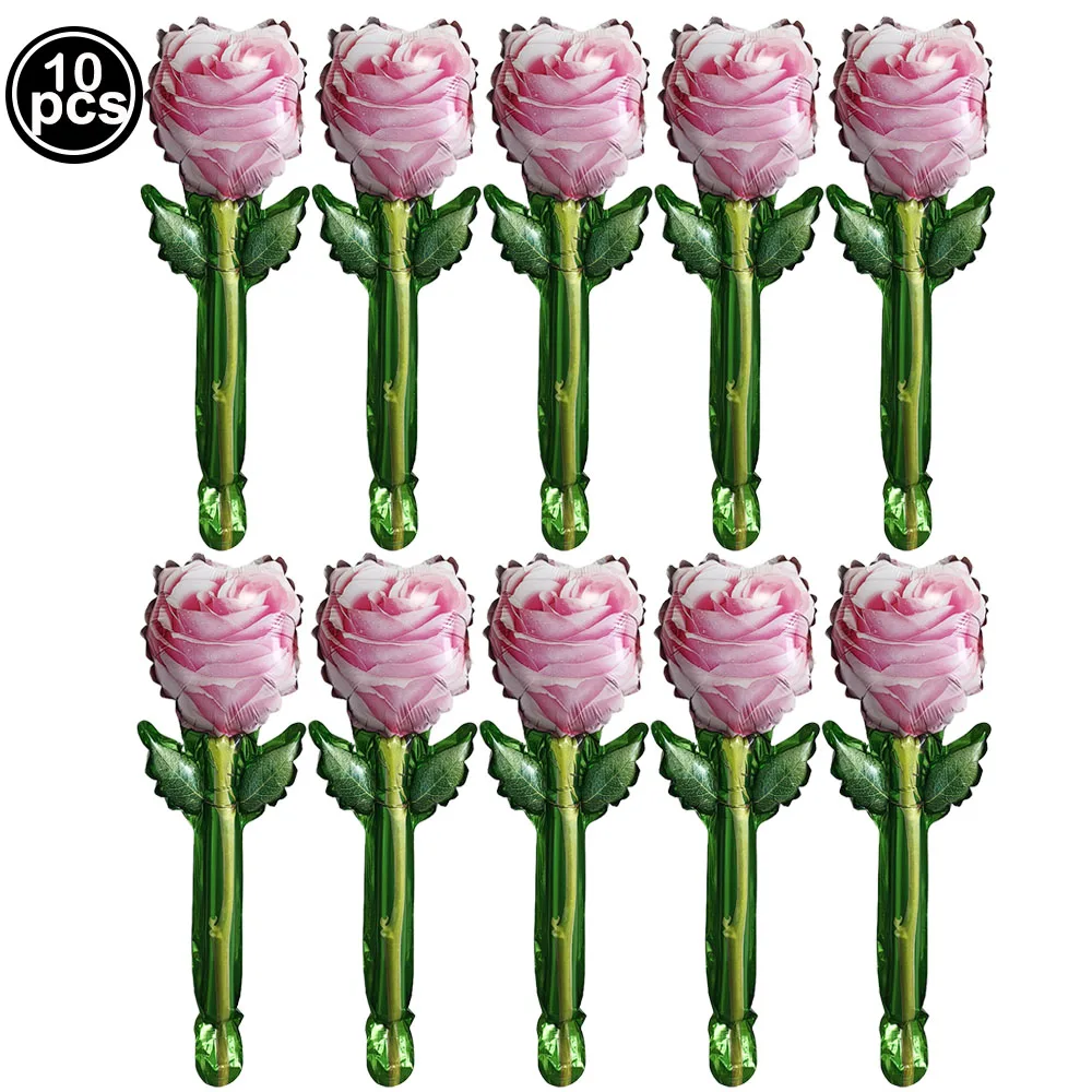 10pcs Valentine\'s Day Rose Flower Balloon Decoration Rose Flower Foil Balloon Valentine\'s Day Flower Bouquet Birthday Decoration