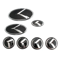 1 SET(7 Pcs) K Logo 3D Emblem Front Grille Trunk + Steering Wheel + Wheel Center Caps Sticker Badge for OPTIMA K5 Forte Koup