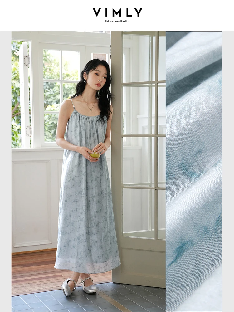 

VIMLY Beach Vacation Camis Dress Summer 2025 French Elegant Loose Sleeveless Thin Strap Print Long Dress Ladies Clothes A0673