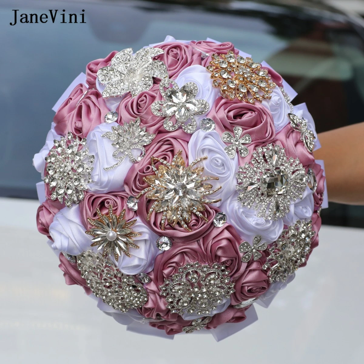 JaneVini Purple White Ribbon Flowers Luxury Crystals Bridal Bouquets Artificial Satin Roses Wedding Brooch Bouquet Ramo De Novia