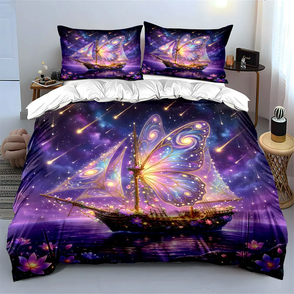 Dreamy butterfly-winged ship night scenery Print Soft Comfortable Duvet Cover Bedding Set Included 1*Duvet Cover  2*Pillowcases