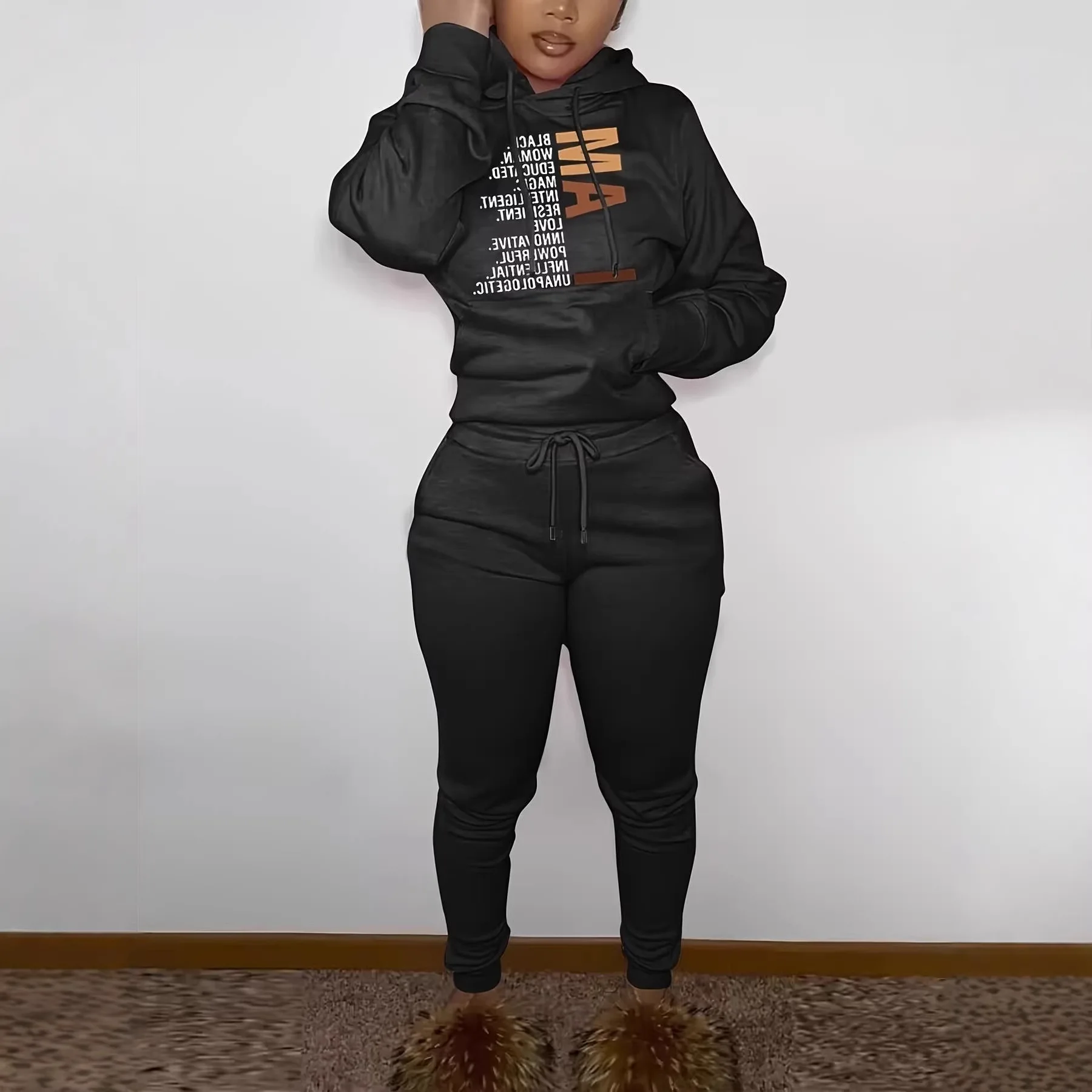 

Women Two Pieces Sport Pant Sets Hooded Matching Set Long Sleeves Hoodie Drawstring Waist Pencil Pants Slim Casual 2026 Spring