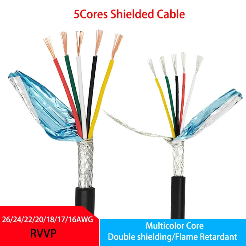 RVVP 5Cores Shielded Cable 26 24 22 20 18 17 16AWG 1/5/10Meter  Control Signal Copper Wire Black PVC Insulated Audio Cable