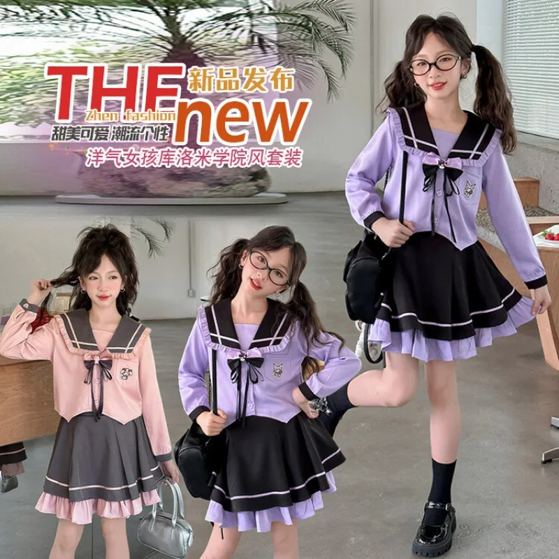 Kawaii 2Pcs Kuromi Girls' Shirt Pleated Skirt Jk Uniform Sanrio Y2K Kid Fashion Doll Collar Tops Spring Autumn College Style Set