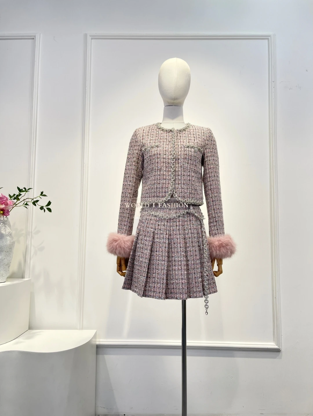 

Woman Clothes Violet Purple Long Sleeve Ostrich Feathers Tweed Jacket Tops and Mini Skirt Set