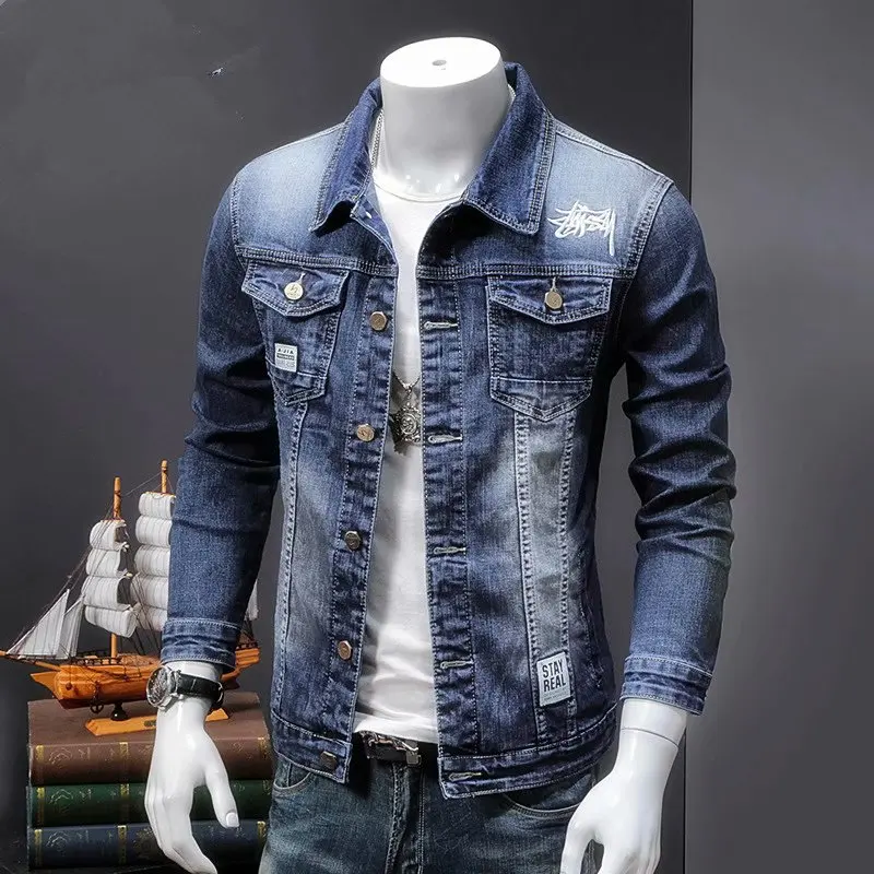 

Slim Fit Men's Biker Workwear Denim Jaet Trendy Korean Sle Spring Autumn ex High Collar Long Sve Jeans Jaet