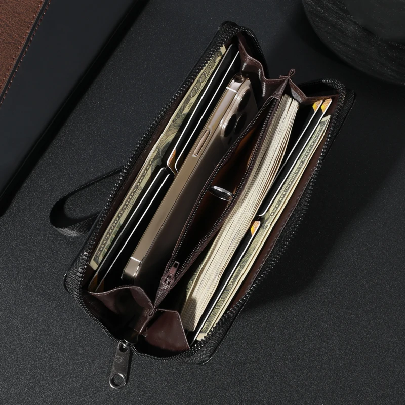 Men\'s Leather Zipper Handbag Large Capacity Long Wallet Clutch Bag Phone Bag Multi-card Card Holder Coin Purse Wallet