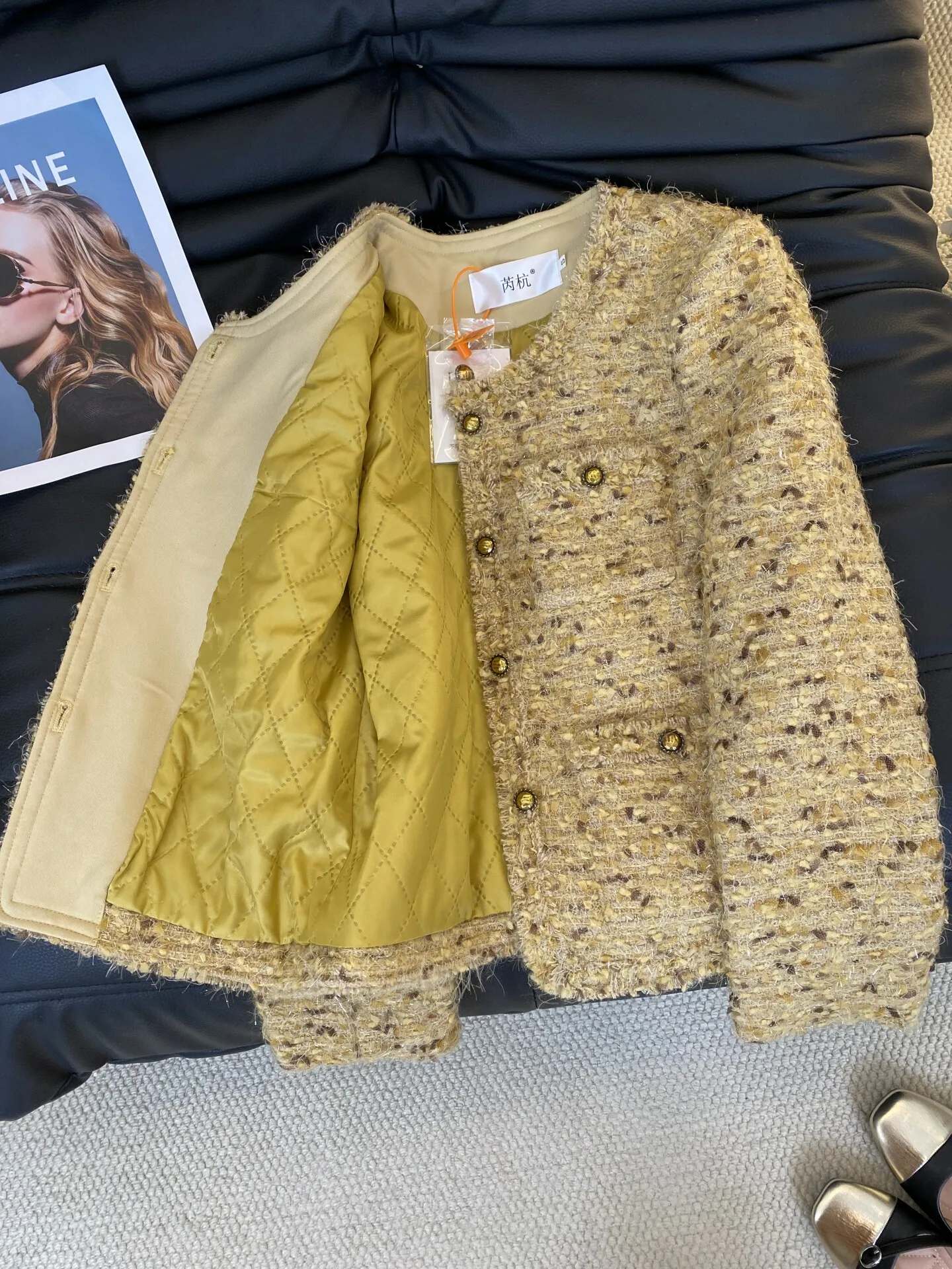 New Coarse tweed yellow coat, high-end tassel shiny luxurious gold light cotton jacket