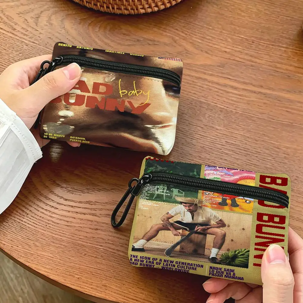 Hip Hop Rapper Bad Bunny Lightweight Oxford Fabric Coin Purse With Black Carabiner Hook Card Holder Earphone Storage Pouch