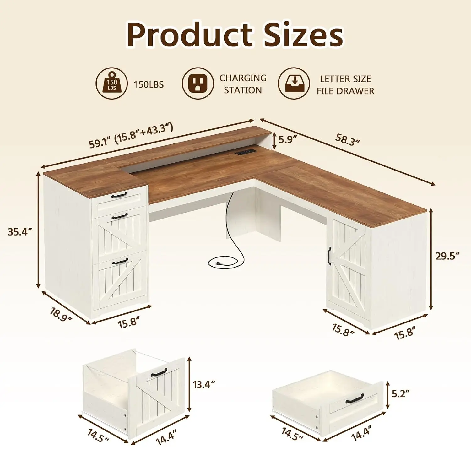 L Shaped Desk With File Drawers, Power Outlet & Storage Cabinet, 59