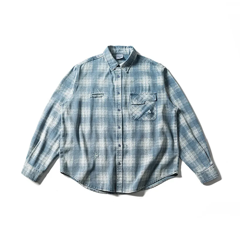 Men Cut Hole Denim Plaid Streetwear Fashion Vintage Loose Casual Long Sleeve Oversize Ripped Shirt Cityboy Jeans Blouses