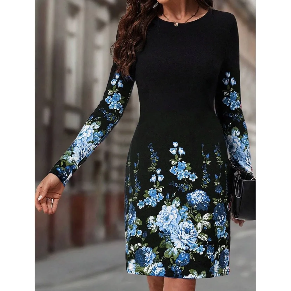 فستان بوهيمي قصير غير رسمي للنساء برقبة دائرية مطبوع عليه زهور فضفاض بأكمام طويلة تي شيرت فستان ملابس الشارع الشهير ЛТНЕЙ Жеыыыыы