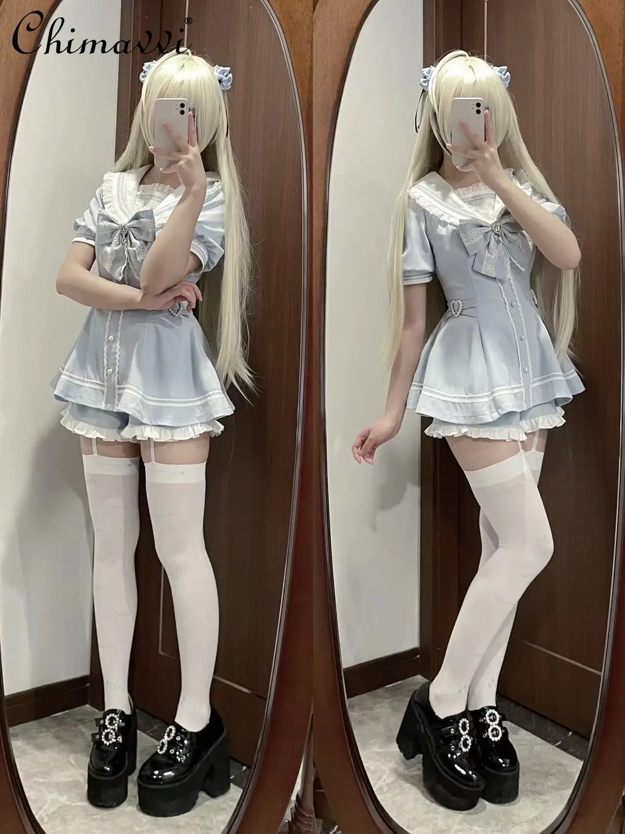 Japanese Mine Mass-Produced Shorts Suit Sailor Collar Short Sleeve Lace Dress and Shorts Lolita Two-Piece Set Women\'s Outfits