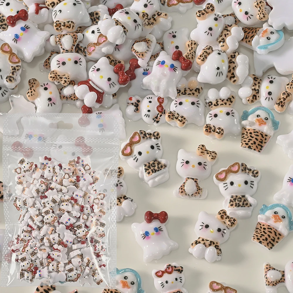 

50g/bag 3D Leopard Bow Hello Kitty Nail Charms Kawaii Cartoon Resin Kitty Cat Nail Art Rhinestone Manicure Decoration