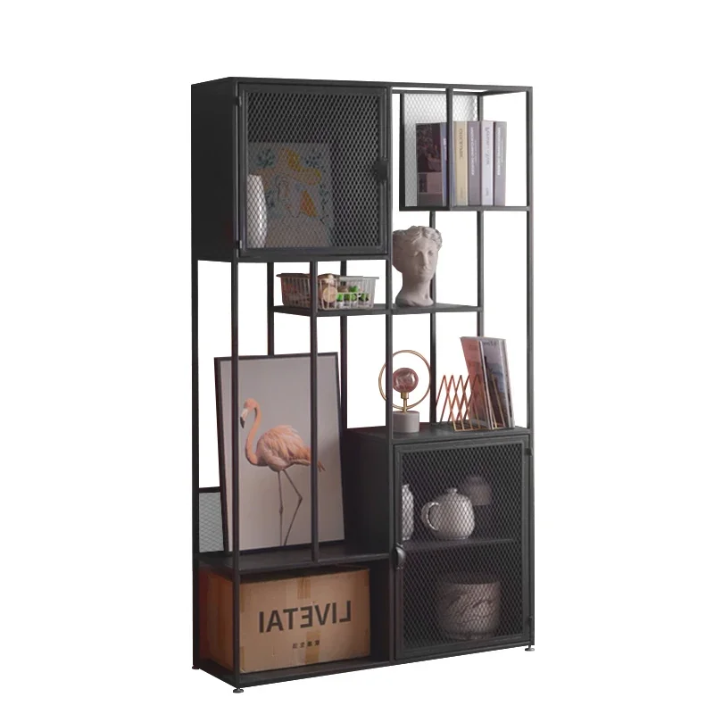 AAWrought Iron Shelf Simple Modern Bookcase With Door Living Room Floor Study Combination Bookcase