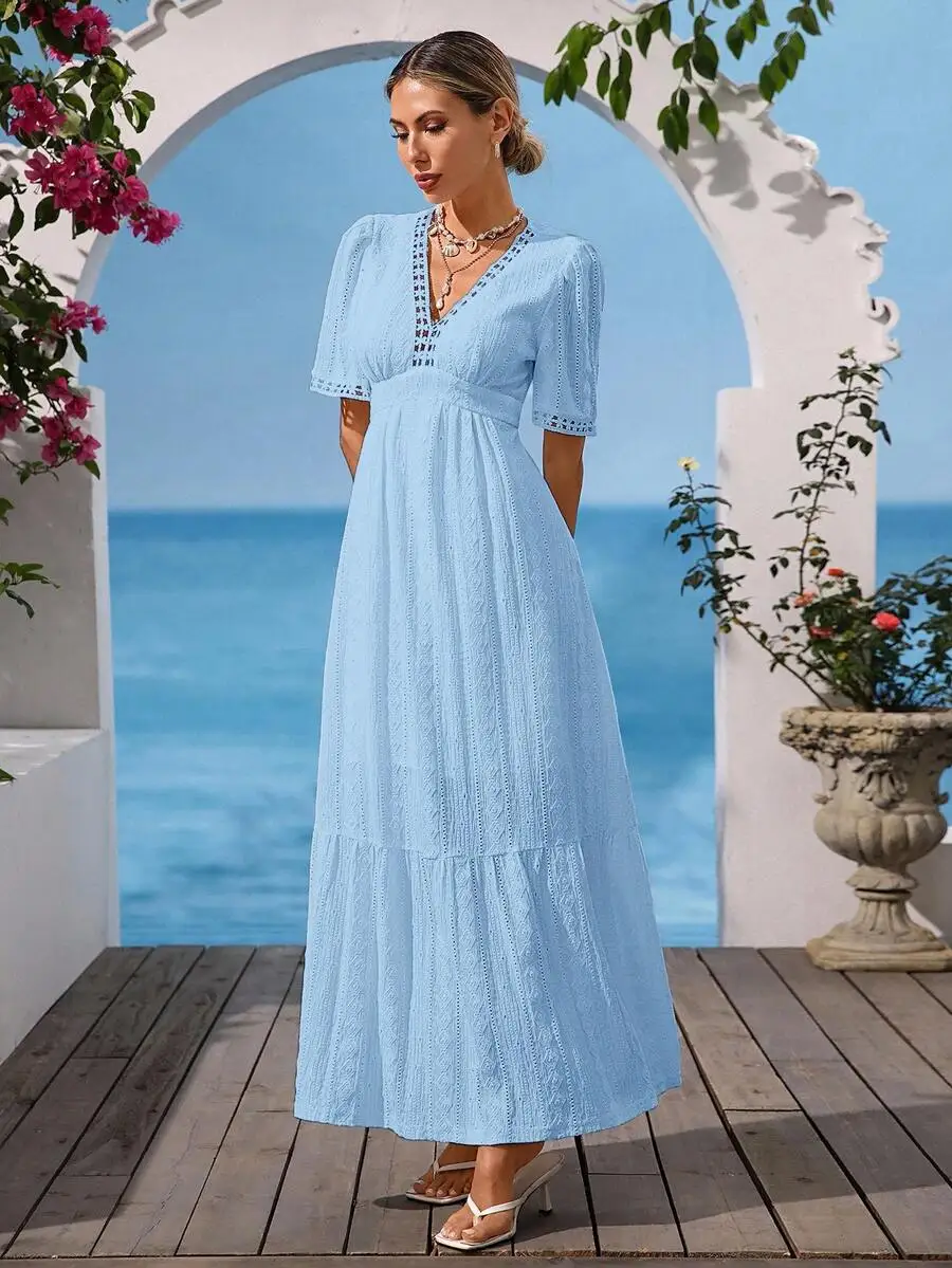 

Light Blue V-Neck Short Sleeve Maxi Dress With Delicate Textured Eyelet Lace, Flowy Summer Beach Vacation Style For Women