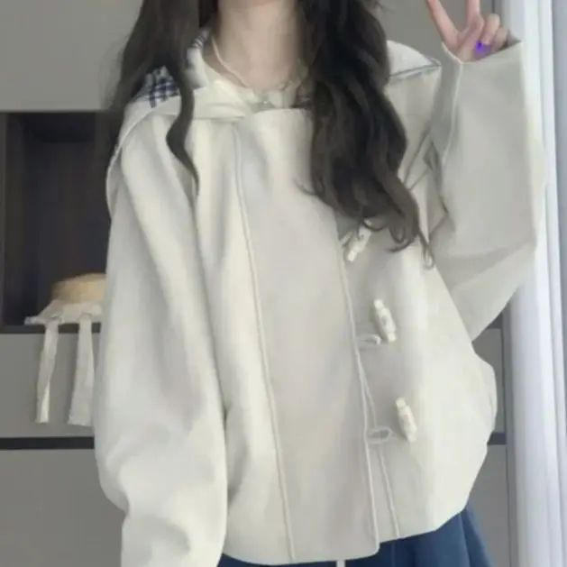 

Японская куртка с капюшоном контрастного цвета и воротником темно-синего цвета, женская весенне-осенняя дизайнерская молния с роговой пуговицей, свободный и универсальный кардиган