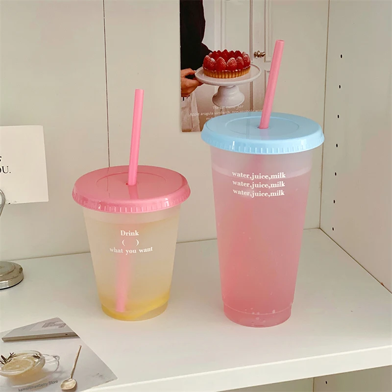 

Kawaii Water Bottle With Straw Lid Cute Tumbler For Cold Coffee Juice Tea Plastic Cup Portable Reusable Drinking Bottle BPA Free