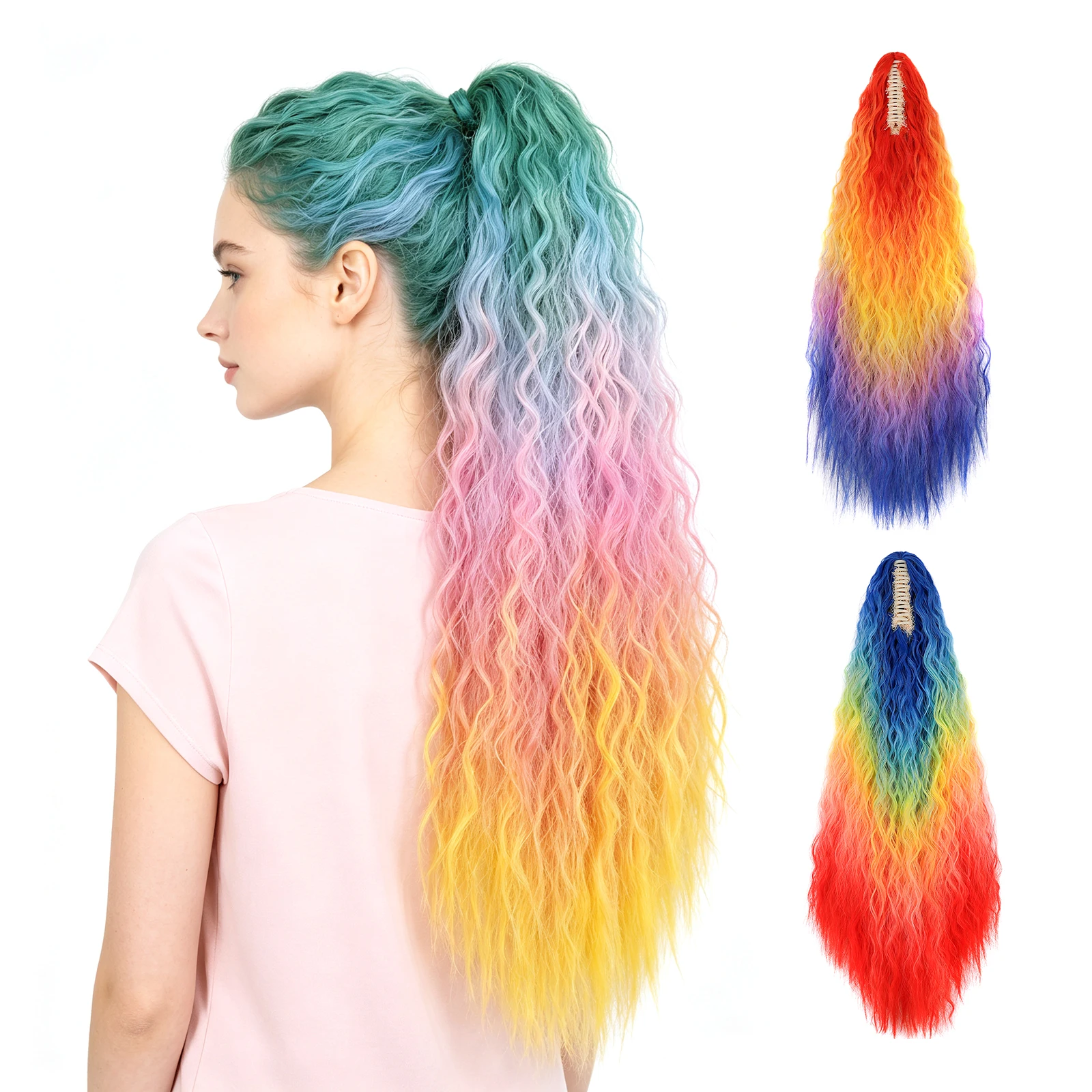 Rainbow Ponytails Long Curly Hair Claw Ponytail Extension Claw Clip On Hair Synthetic Hairpiece Women’s Daily Party Cosplay