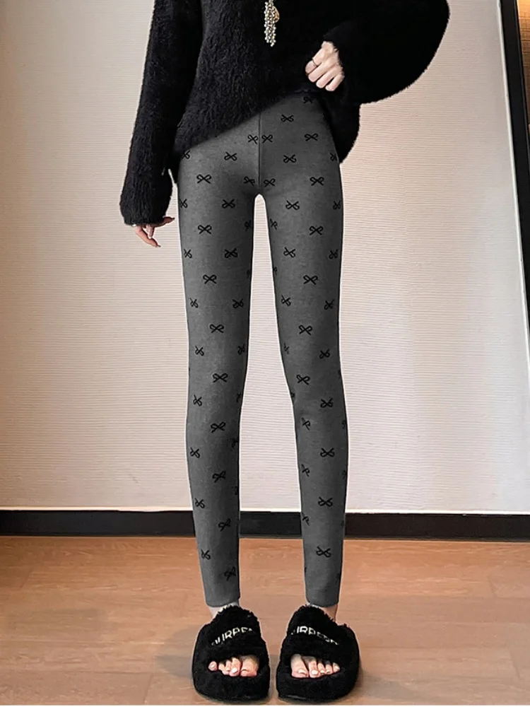 SMTHMA โบว์พิมพ์ถักเลกกิ้งสำหรับผู้หญิงฤดูใบไม้ร่วงฤดูหนาว 2025 ใหม่เอวสูงรัดรูปยืดหยุ่นสำหรับสวมใส่ด้านนอก