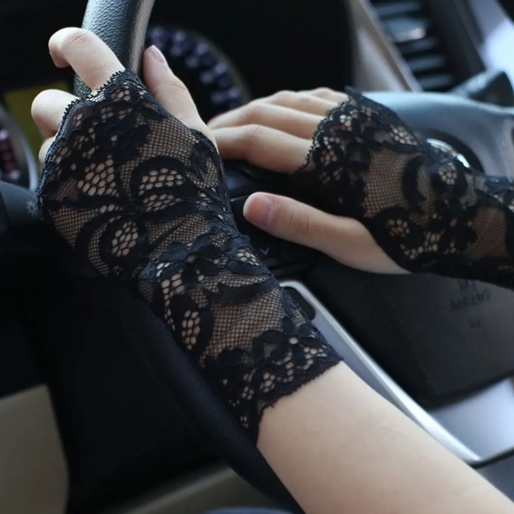 Summer Women Sexy Mesh Lace Sunscreen Half Finger Gloves Breathable Thin Driving Cycling Cosplay