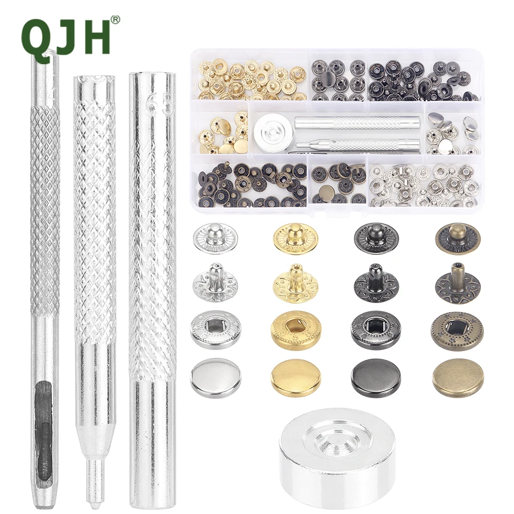 40 Set Leather Snap Fasteners Kit, 10mm Metal Button Snaps Press Studs with 4 Setter Tools for Clothes, Jeans, Bracelets, Bags