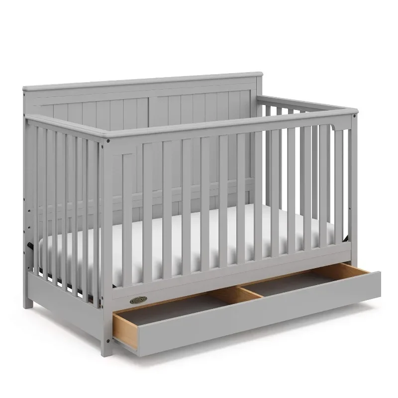 

5-in-1 Convertible Crib with Drawer (Pebble Gray) – GREENGUARD Gold Certified, Crib with Drawer Combo, Full-Size Nursery