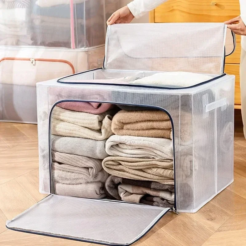 Stackable foldable steel frame storage box for blankets, clothes, pillows, decorations