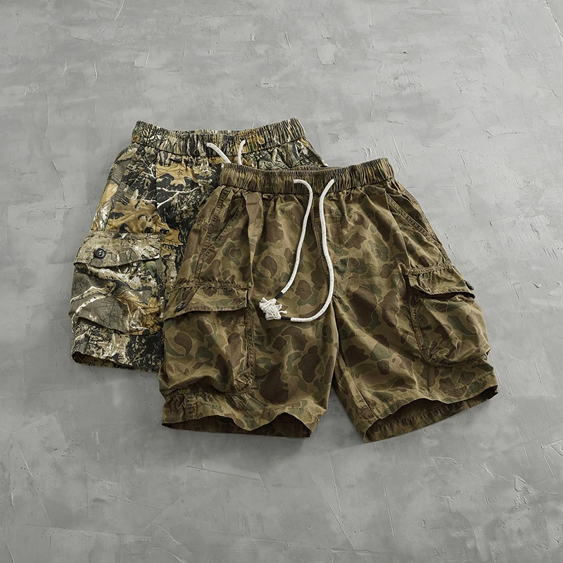 Vintage de spot camouflage cargo shorts men\'s loose straight leg summer new multi-pocket quarter pants casual pants trend