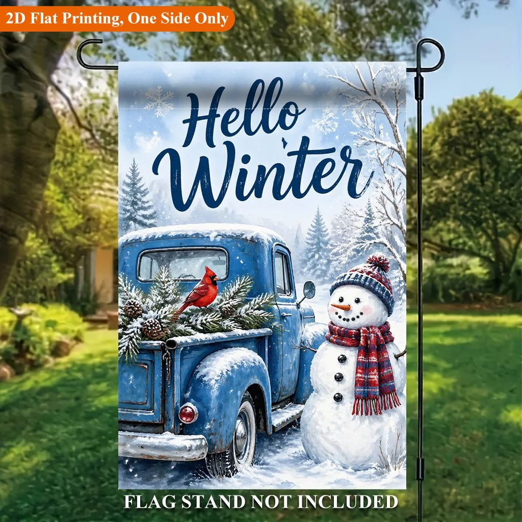 2D Flat - 2D Flat - 2D Flat Printing Garden Flag 1pc, Snowman And Blue Truck Single-Sided Polyester Garden Flag, Holiday Yard Banner, for Outdoor Home, Yard Decor, Seasonal Festival Yard Outside Decorative Flags, Flagpole Not Included (Flag Solely)