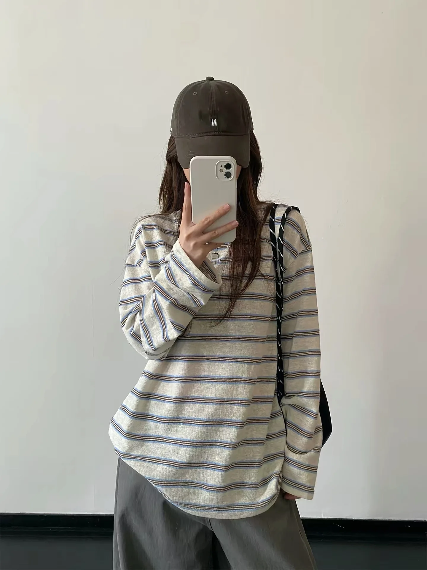 Retro Color Block Striped Long Sleeve T Shirt Women's Loose Slimming Korean Version Base Shirt Inner Wear Outer Wear Top
