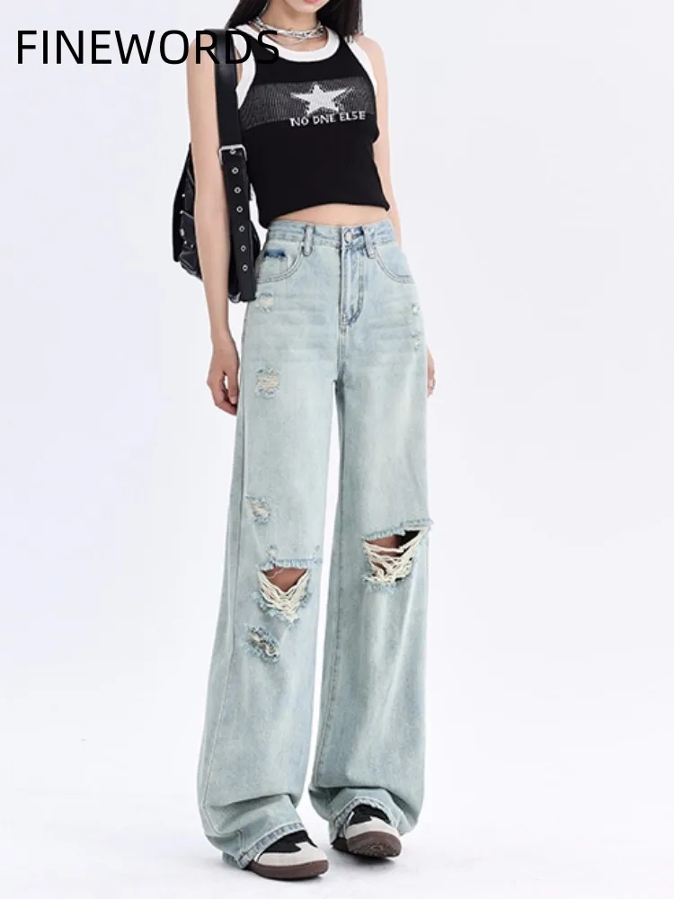 FINEWORDS Causal Vintage Y2K Wide Leg Baggy Jeans Women Streetwear Light Blue Denim Pants Full Length Punk High Waist Pants