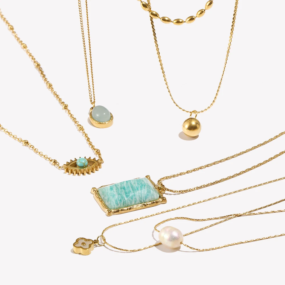 E.B.belle Natural Marble Sun Pattern Round Mini Turquoise Eye Retro Round Coin Rectangular Snake Chain Freshwater Pearl Necklace