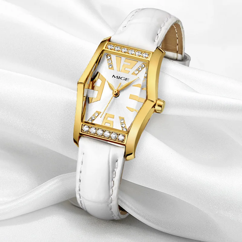 MIGE Fashion Women Watch Blue Leather Strap Rhinestone Dial Quartz Wristwatch Ladies Casual Dress Clock Relogio Feminino