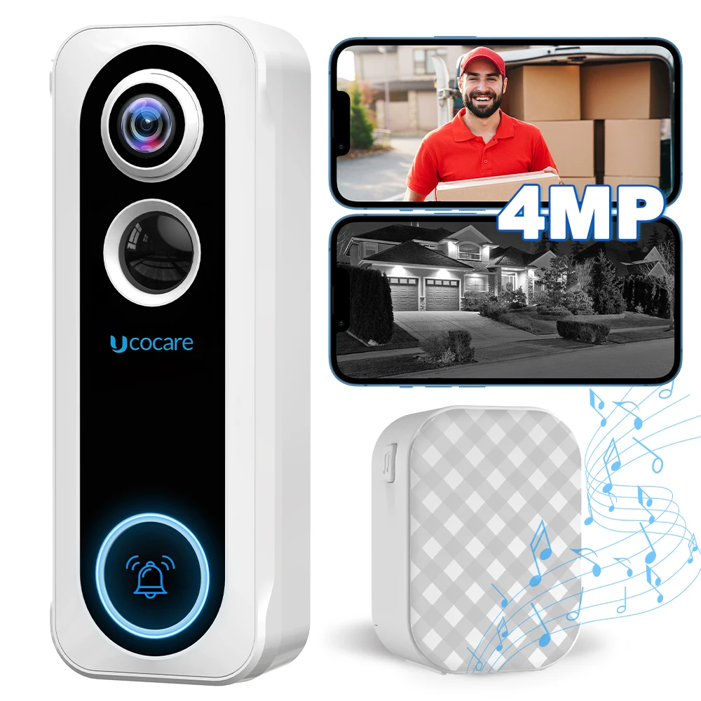 ucocare camera de campainha de video sem fio deteccao humana chime audio bidirecional visao noturna suporte alexa ip67 p7 2k 4mp 01