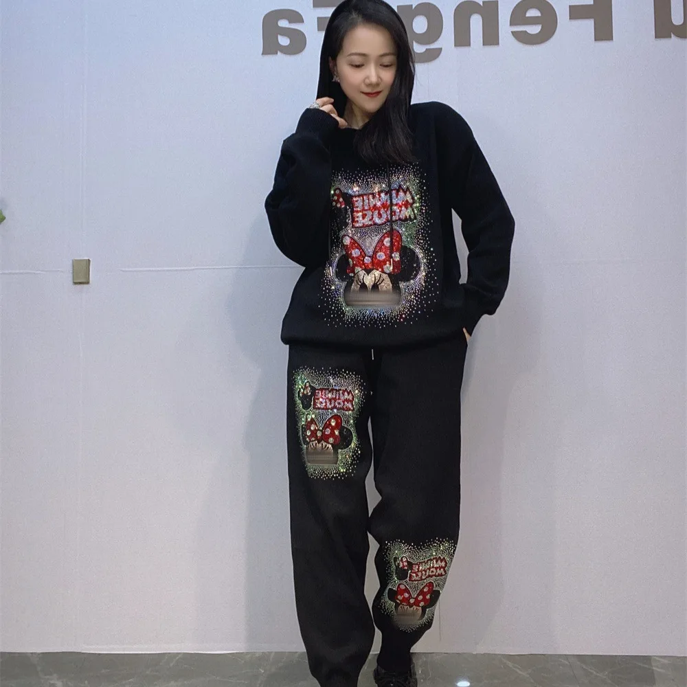 

Fashion New Spring Autumn Women Knitted Sets Mickey Diamonds Long Sleeve Hooded Pullover Top + Elastic Waist Casual Harem Pants