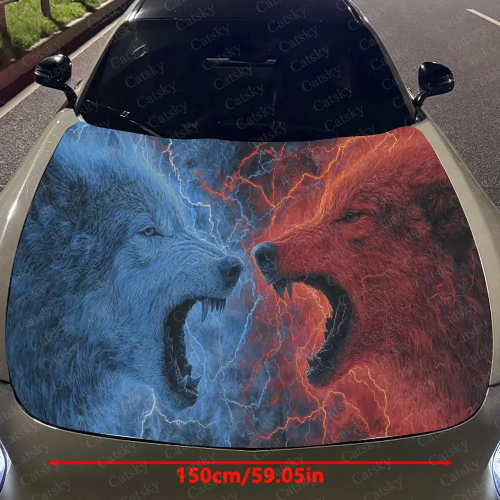 Dynamic Lightning Wolf Pair - Flame Auto Cover Sticker, Waterproof and Self-adhesive Auto Hood Decal, Auto Vinyl Wraps, Cool Car